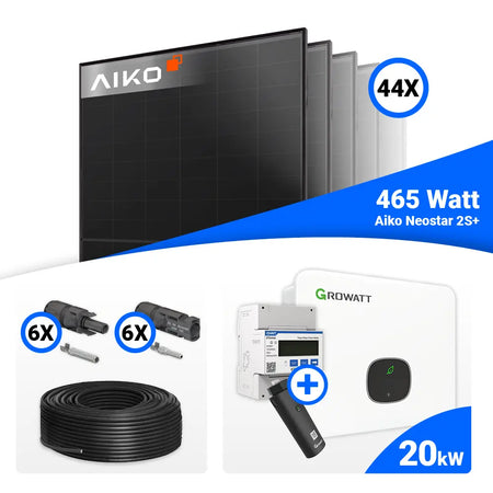 PV Komplettset 20 kWp mit 44x AIKO Neostar 2S+ 465W Full Black Solarmodulen und Growatt MID20KTL3-XH 20 kW Wechselrichter, Speicheroption möglich.
