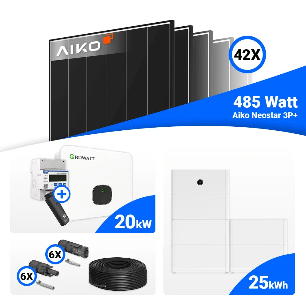 20 kWp Solar Komplettset für Gewerbe oder Mehrfamilienhaus mit AIKO 485W Black Frame und Growatt MID20KTL3-XH Hybridtechnik.