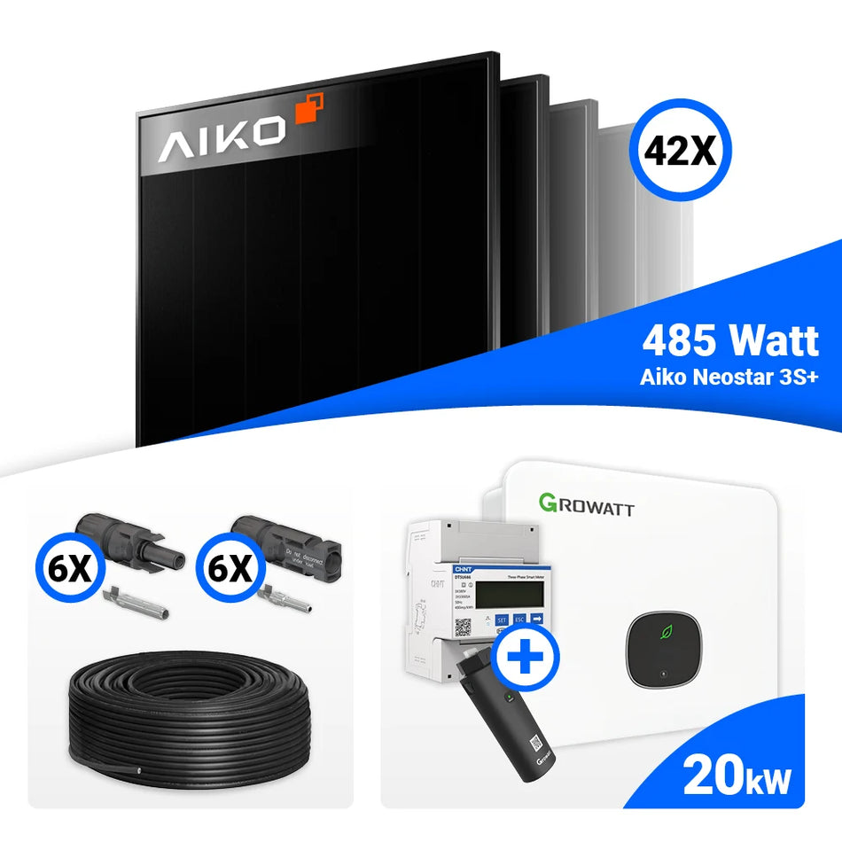 PV Komplettset 20 kWp – 42x AIKO 485W Full Black & Growatt MID20KTL3-XH mit Speicheroption