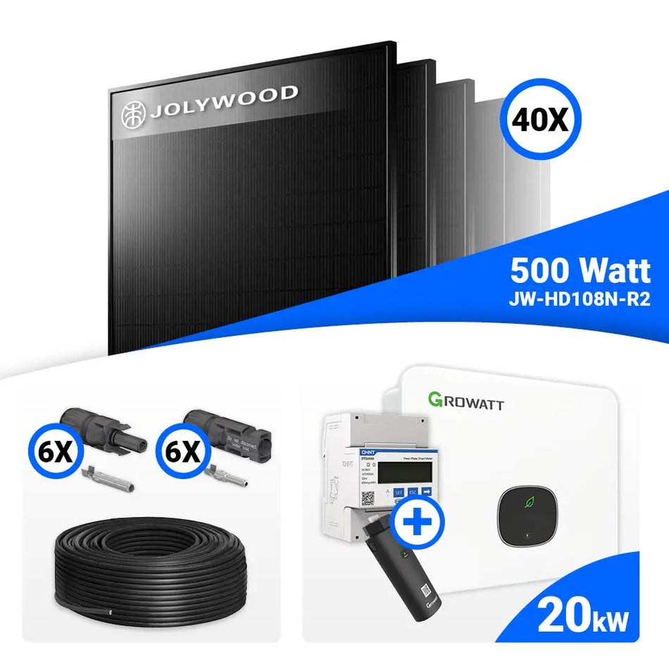 PV Komplettset 20 kWp – 40x Jolywood 500W Full Black & Growatt MID20KTL3-XH mit Speicheroption