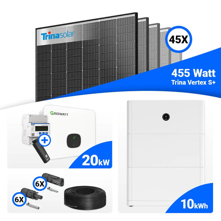 20 kWp PV-Set mit Trina 455W Black Frame (45 Stück) und Growatt MID20KTL3-XH 20kW Hybrid-Wechselrichter, inkl. Speicheroption.