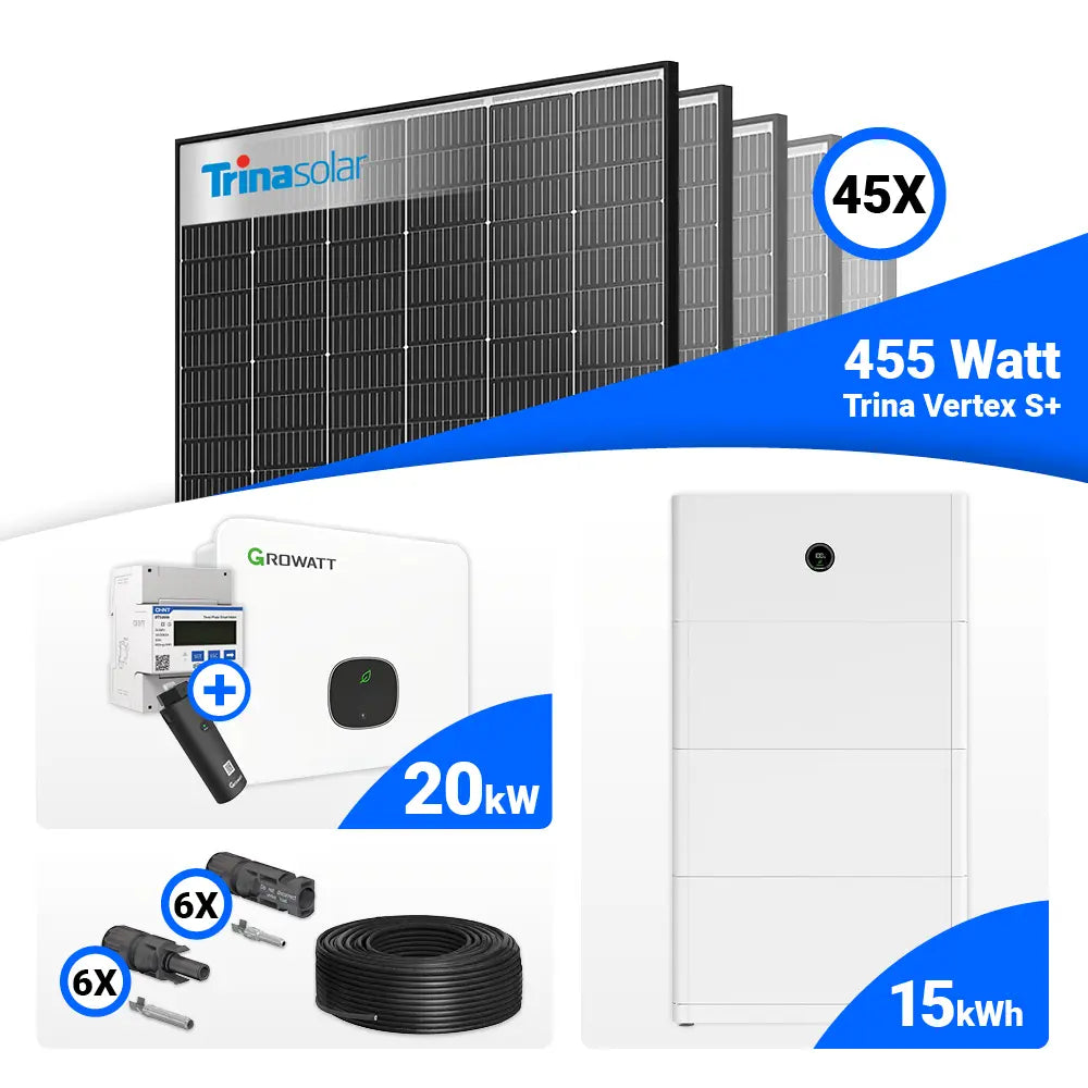 Photovoltaik Komplettpaket 20 kWp – 45x Trina 455W Black Frame, Growatt MID20KTL3-XH 20 kW, speicherfähig.
