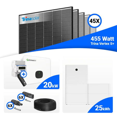 Komplettset für PV 20 kWp: 45x Trina 455W Black Frame Solarmodule + Growatt MID20KTL3-XH 20kW, Speicher optional.