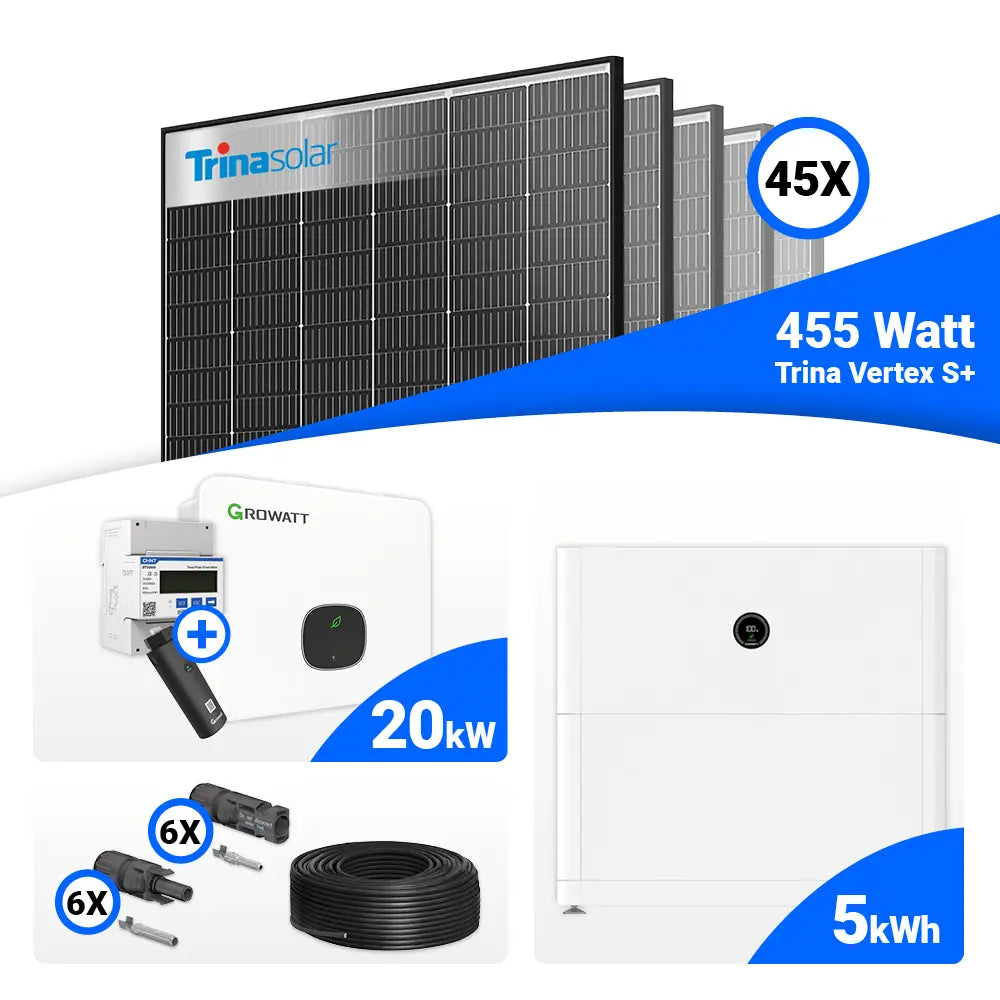 Solaranlagen-Set 20 kWp: 45 Trina 455 Watt Black Frame Module plus Growatt MID20KTL3-XH, vorbereitet für Batteriespeicher.