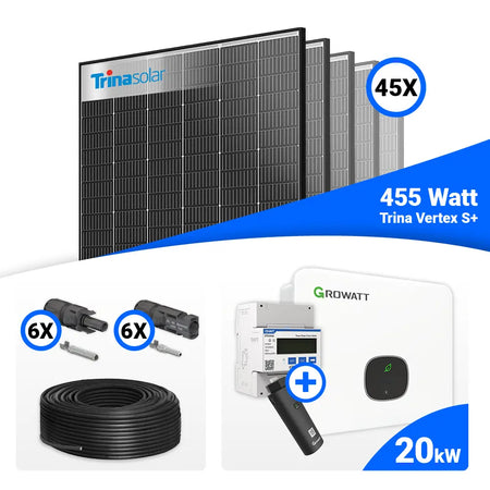 PV Komplettset 20 kWp mit 45x Trina 455W Black Frame Solarmodulen und Growatt MID20KTL3-XH 20 kW Wechselrichter, Speicheroption möglich.