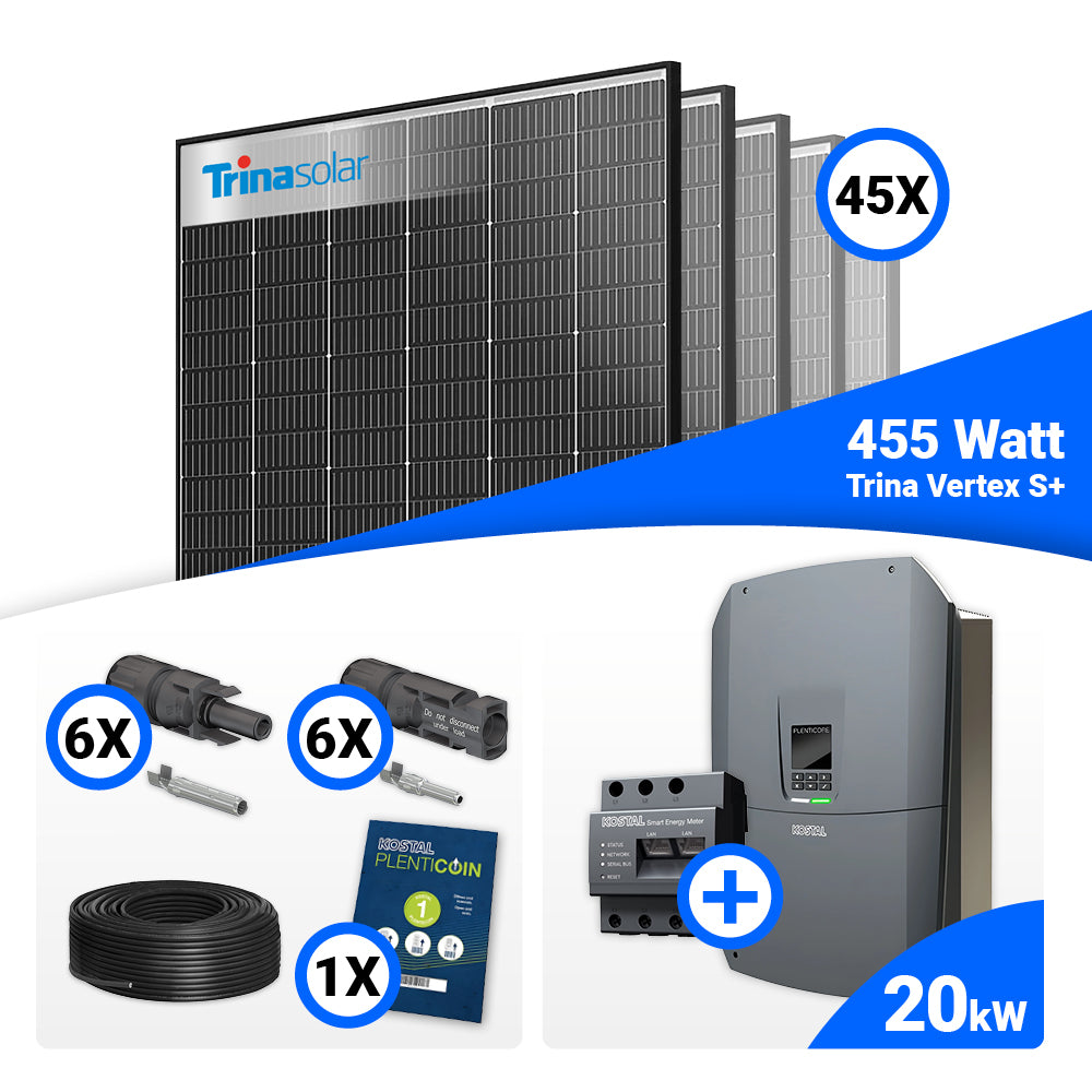 PV Komplettset 20 kWp mit 45 Trina 455W Black Frame Modulen und Kostal Plenticore G3 L, Speicheroption