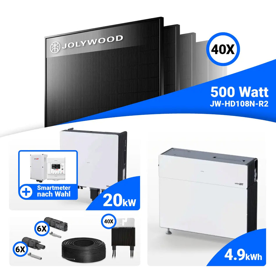 PV Komplettset 20 kWp Jolywood 500W Full Black & SolarEdge Nexis Battery Stack 5