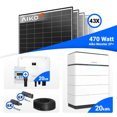 Solarkomplettset 20 kWp mit 43 AIKO 470W Panels und Sungrow SH20T – effiziente Energieerzeugung.