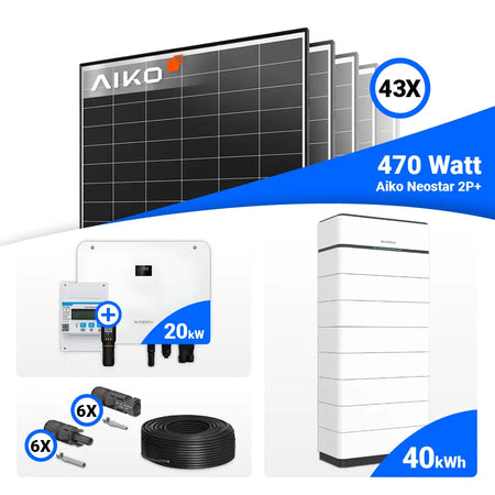 PV-Komplettset 20 kWp – hochwertige AIKO 470W Module plus Sungrow SH20T, Speicheroption verfügbar.