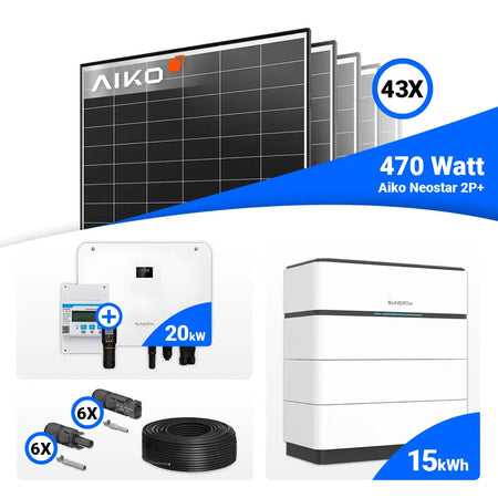 PV-Komplettpaket 20 kWp – 43 AIKO 470W Module und Sungrow SH20T, optional mit Stromspeicher.