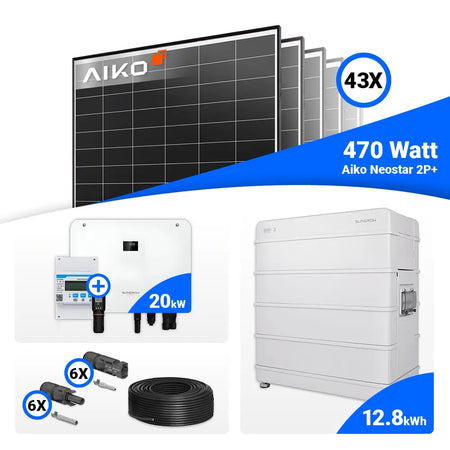 Solaranlage 20 kWp – AIKO 470W Module kombiniert mit Sungrow SH20T, erweiterbar um Batteriespeicher.