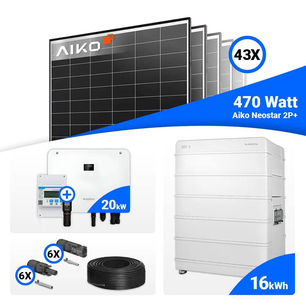 PV-Set 20 kWp mit 43 AIKO 470W Panels und Sungrow SH20T – effiziente PV-Lösung mit Speicheroption.