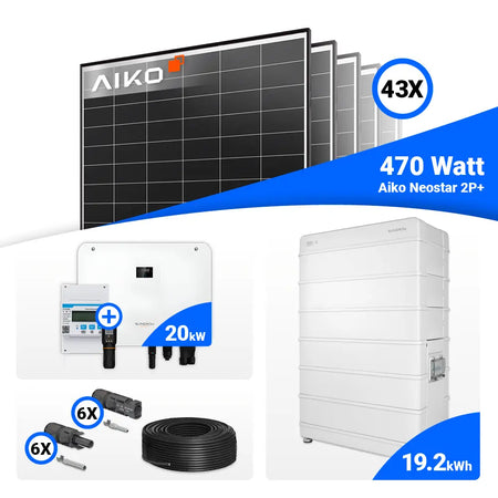 20-kWp-PV-Komplettset: 43 AIKO 470W Module und Sungrow SH20T Hybridwechselrichter, speicherbereit.