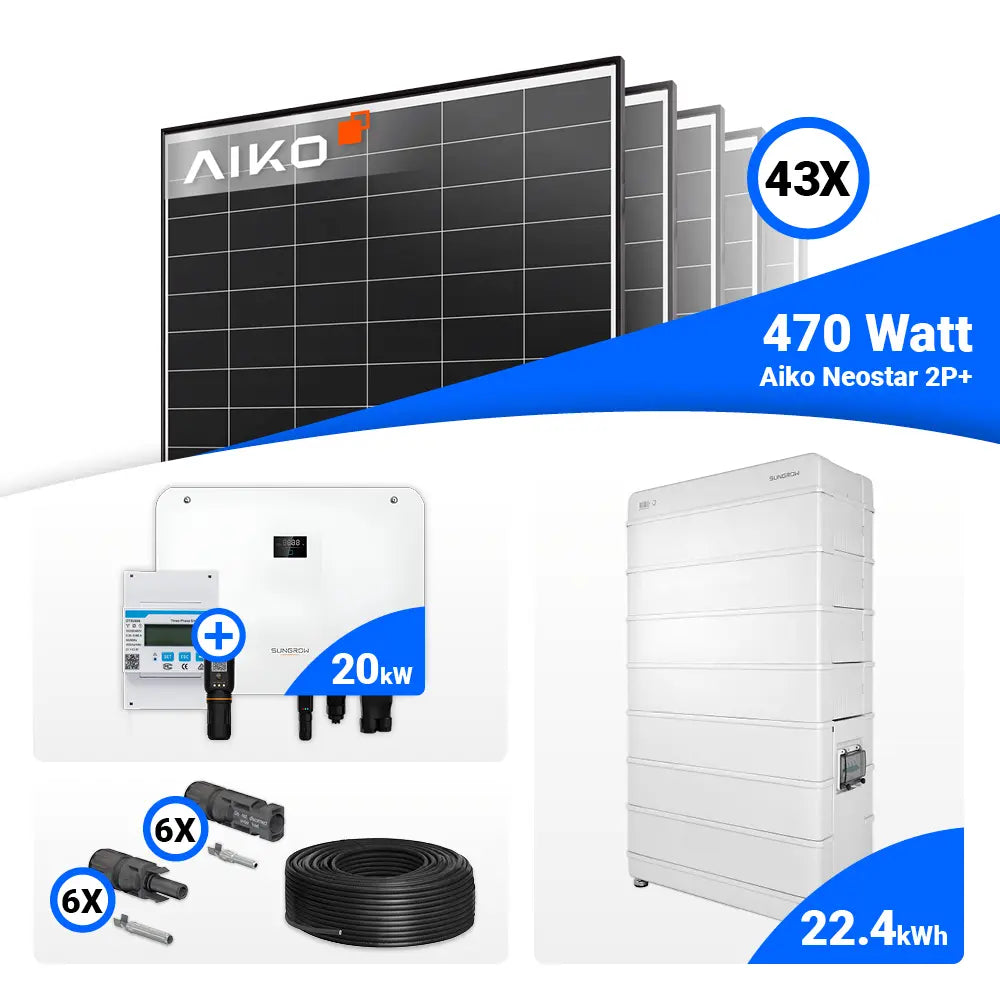 Photovoltaik Komplettset 20 kWp – AIKO 470W Black Frame Module mit Sungrow SH20T.