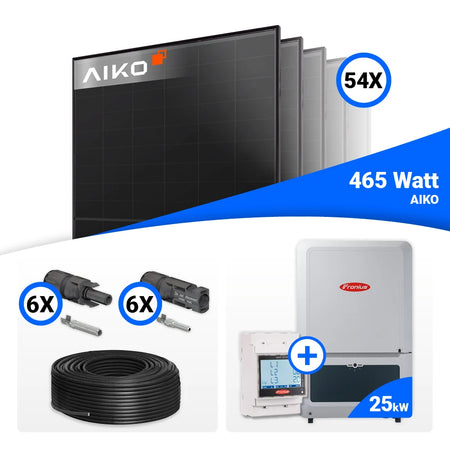 Dieses 25-kWp Photovoltaik-Komplettset mit AIKO 465W Black Frame Modulen und Fronius Verto Plus 25.0 bietet maximale Solarleistung und unterstützt die Integration von HVB- oder Reserva-Speichern.