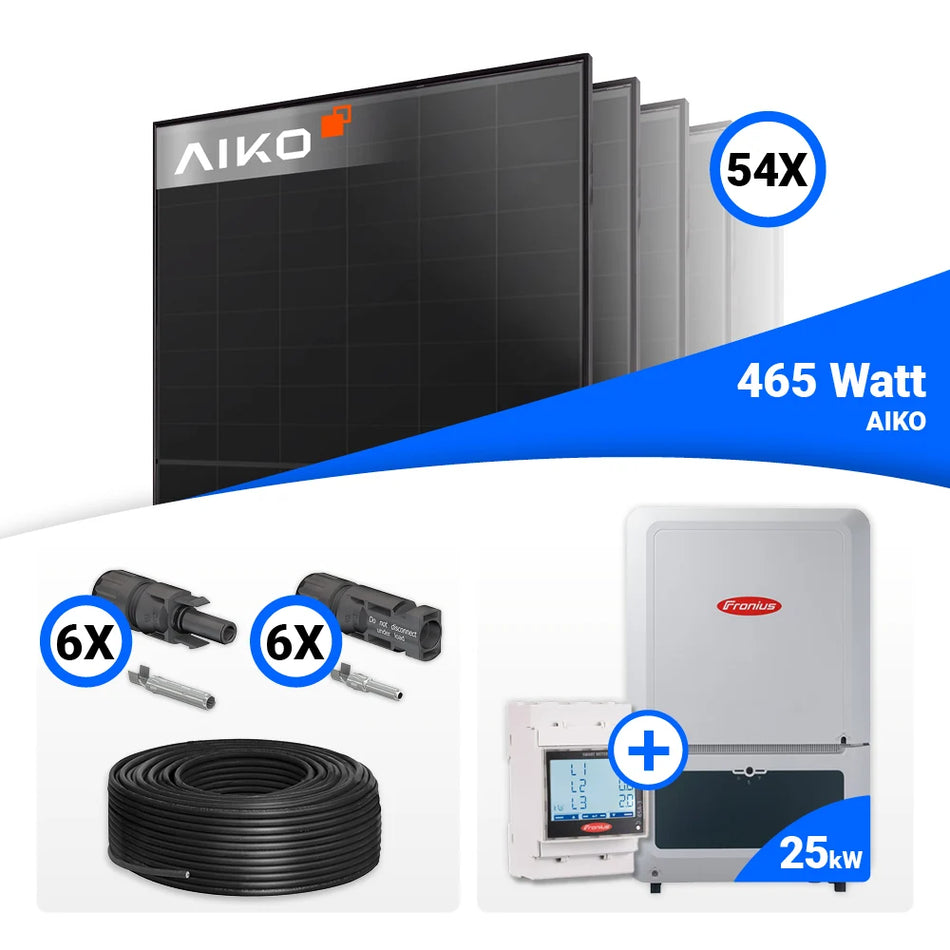 Dieses 25-kWp Photovoltaik-Komplettset mit AIKO 465W Black Frame Modulen und Fronius Verto Plus 25.0 bietet maximale Solarleistung und unterstützt die Integration von HVB- oder Reserva-Speichern.