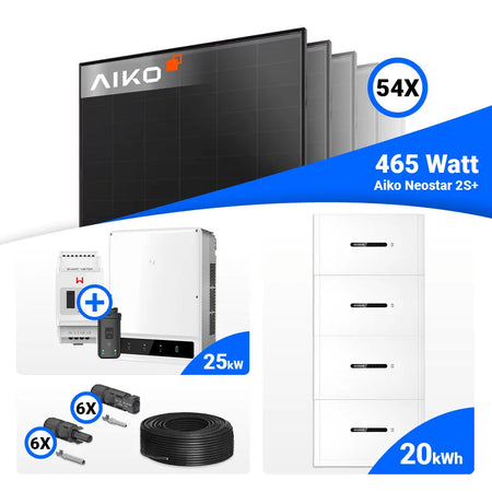 Photovoltaik-Komplettset 25 kWp mit 54 × AIKO Neostar 2S+ Full Black Solarmodulen (465 W), GoodWe GW25K-ET Hybridwechselrichter inklusive Smart Meter und 20 kWh GoodWe Lynx Home F Plus Speicher. Premium PV-Komplettanlage mit großem Speicher für maximale Energieunabhängigkeit – erhältlich bei SH24.