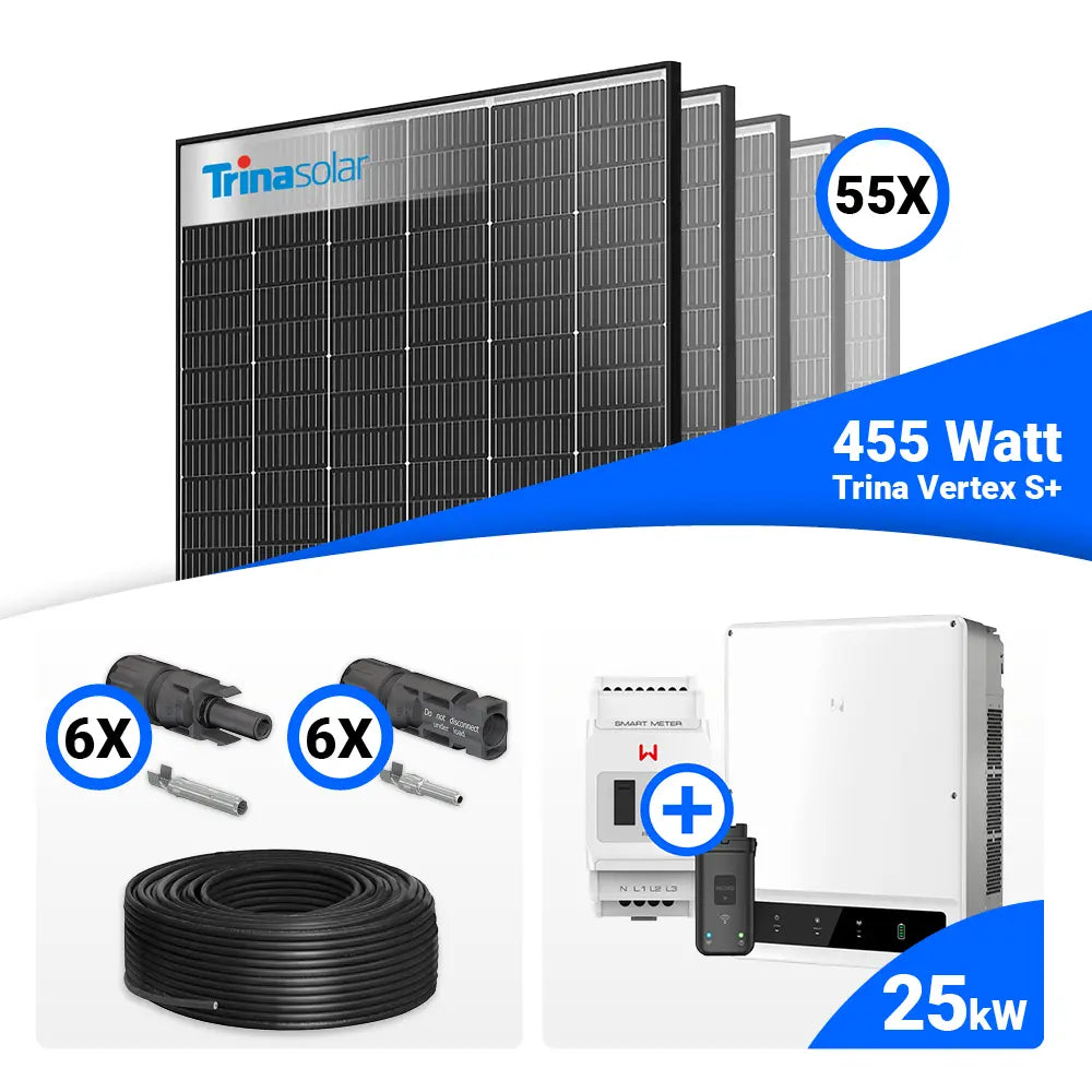 PV-Komplettset 25 kWp mit 55 × Trina Solar Vertex S+ 455W Black Frame Solarmodulen und GoodWe GW25K-ET Hybridwechselrichter inklusive Smart Meter. Leistungsstarke Photovoltaikanlage mit Komplettzubehör für Eigenheime und Gewerbe – erhältlich bei SH24.