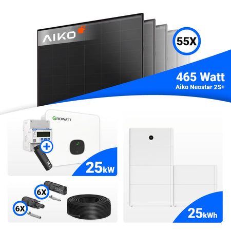 Solarmodule Full Black (AIKO 465W) im 25 kWp Set mit Growatt MID25KTL3-XH 25 kW – inklusive Verkabelung und Steckverbinder.