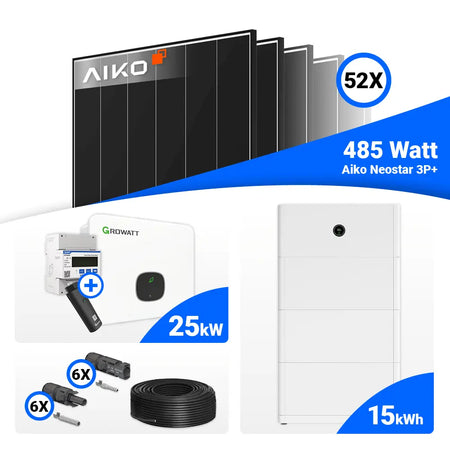 PV Anlage 25 kWp Komplettpaket mit AIKO 485W Black Frame Solarmodulen und Growatt MID25KTL3-XH.