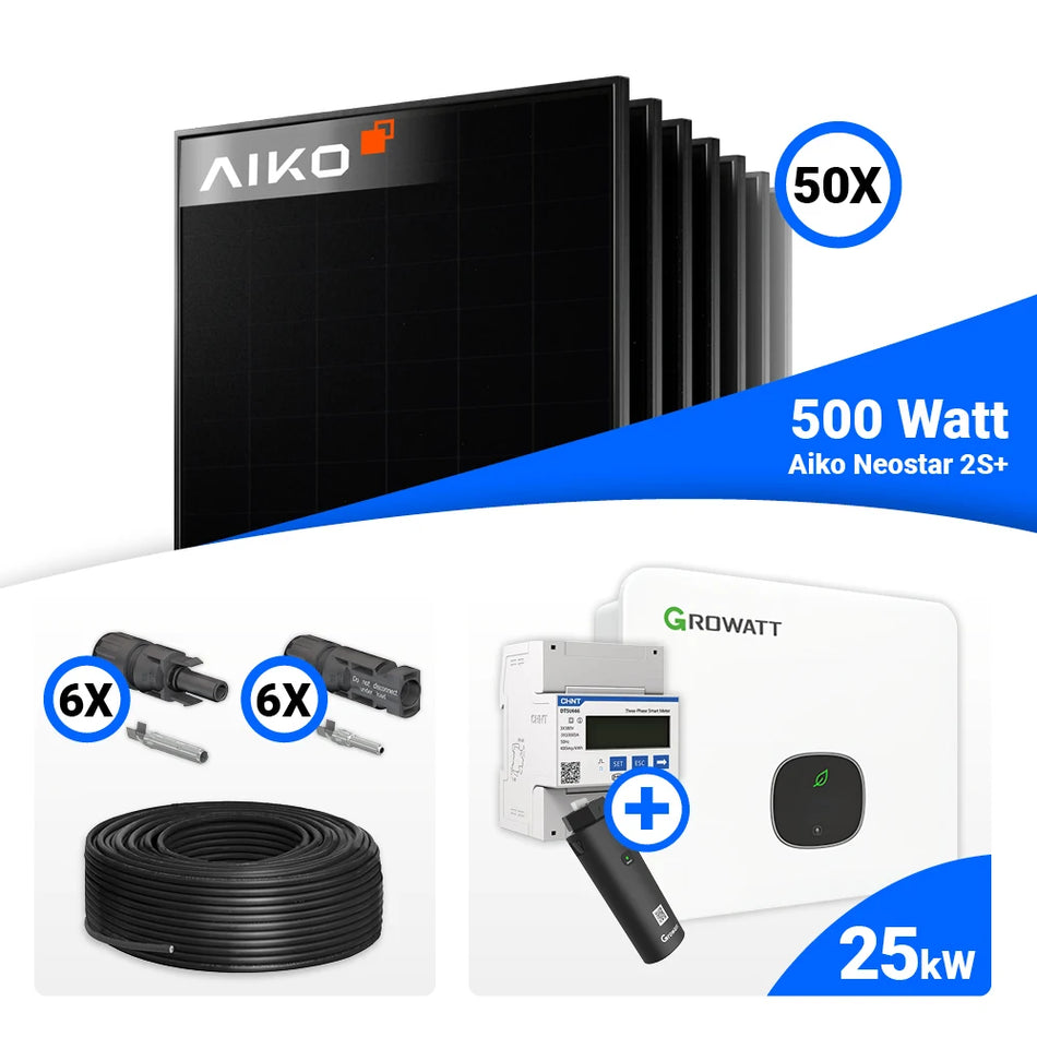 PV Komplettset 25 kWp – 50x AIKO 500W Full Black & Growatt MID25KTL3-XH mit Speicheroption