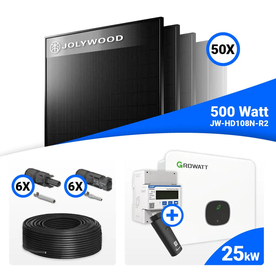 PV Komplettset 25 kWp – 50x Jolywood 500W Full Black & Growatt MID25KTL3-XH mit Speicheroption