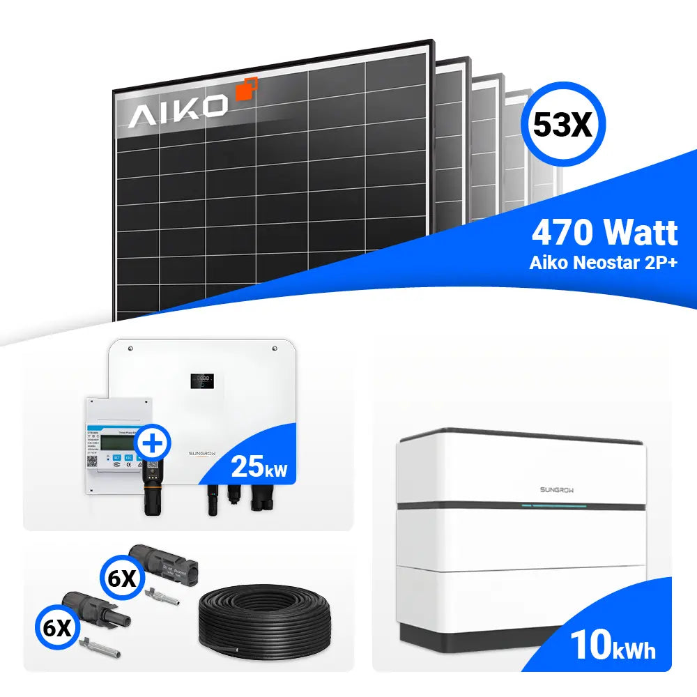 25-kWp-Solarsystem: 53 AIKO 470W Solarmodule plus Sungrow SH25T, kompatibel mit Batteriespeichern.