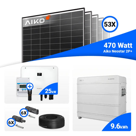 25-kWp-Photovoltaikset: 53 AIKO 470W Black Frame Module plus Sungrow SH25T Hybrid-Wechselrichter, optional mit Speicher.