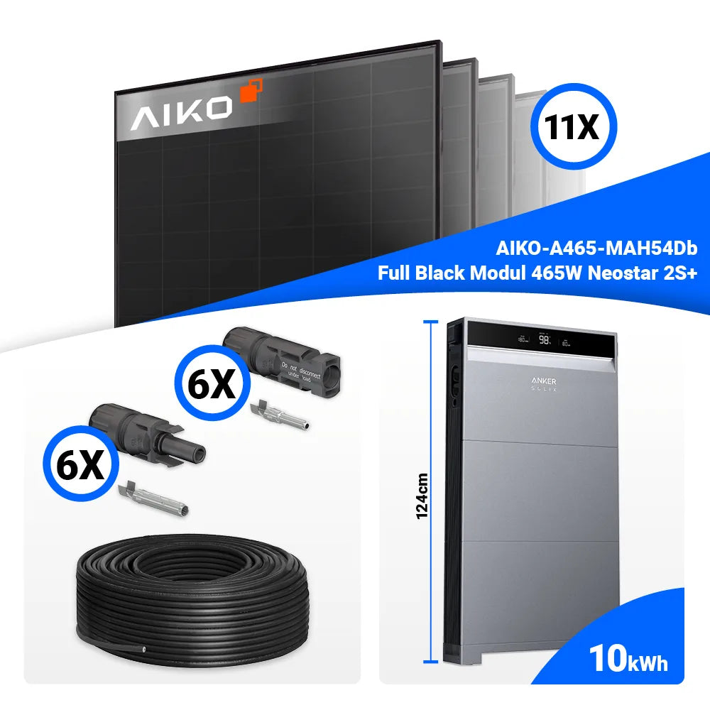 PV Komplettset 5 kWp mit 11x AIKO 465W Full Black Modulen & Anker SOLIX X1-H5K-T Hybridwechselrichter – Speicher optional