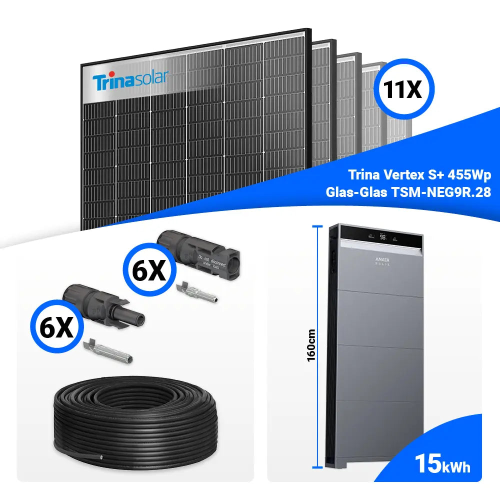 PV Komplettset 5 kWp mit 11x Trina Solar 455W Black Frame Modulen & Anker SOLIX X1-H5K-T Hybridwechselrichter – Speicher optional