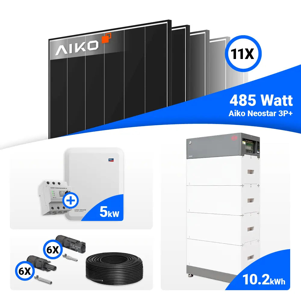 PV Anlage 5 kWp Komplettpaket mit AIKO 485W Black Frame Solarmodulen und SMA STP5.0-3SE-40 speicherfähig.