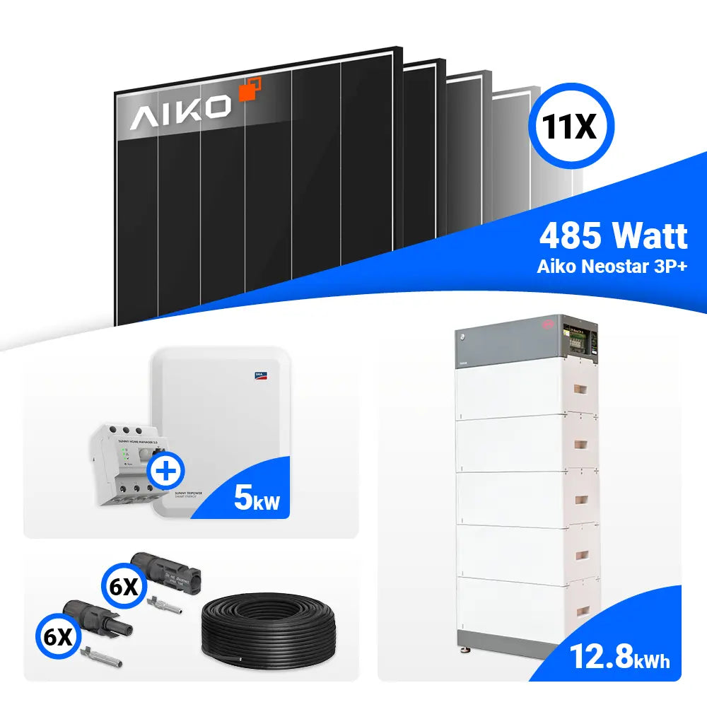 Photovoltaik Komplettsystem 5 kWp mit 11x AIKO 485W Black Frame und SMA STP5.0-3SE-40 mit Speicheranschluss.