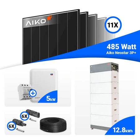 Photovoltaik Komplettsystem 5 kWp mit 11x AIKO 485W Black Frame und SMA STP5.0-3SE-40 mit Speicheranschluss.