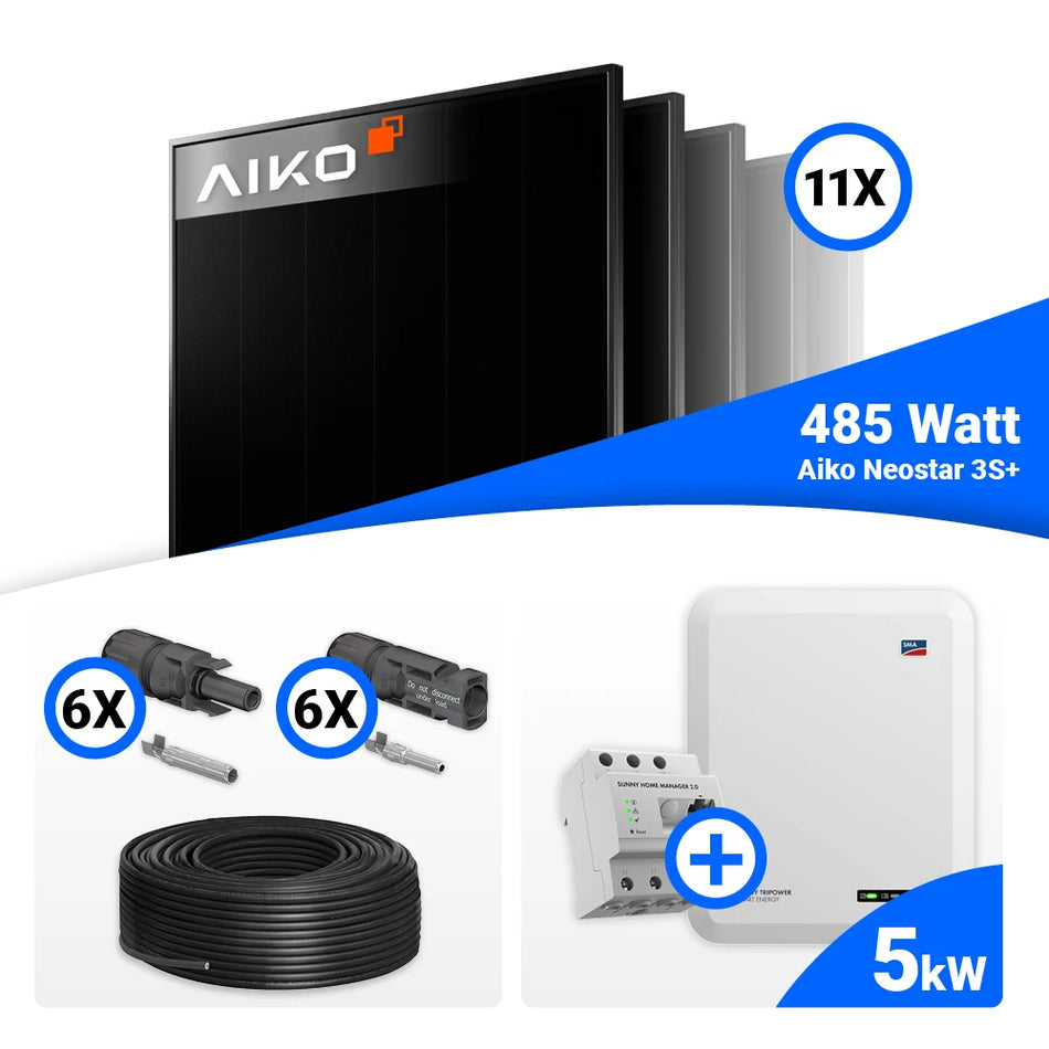 PV Komplettset 5 kWp – 11x AIKO 485W Full Black  & SMA STP5.0-3SE-40 mit Speicheroption