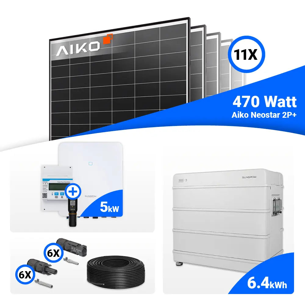 PV-Komplettset 5 kWp mit 11 AIKO 470W Black Frame Solarmodulen und Sungrow SH5.0RT-20 Hybrid-Wechselrichter, kompatibel mit Sungrow SBR064 und SBR096 Speichersystemen – effiziente Photovoltaikanlage für die unabhängige Stromerzeugung im Eigenheim.