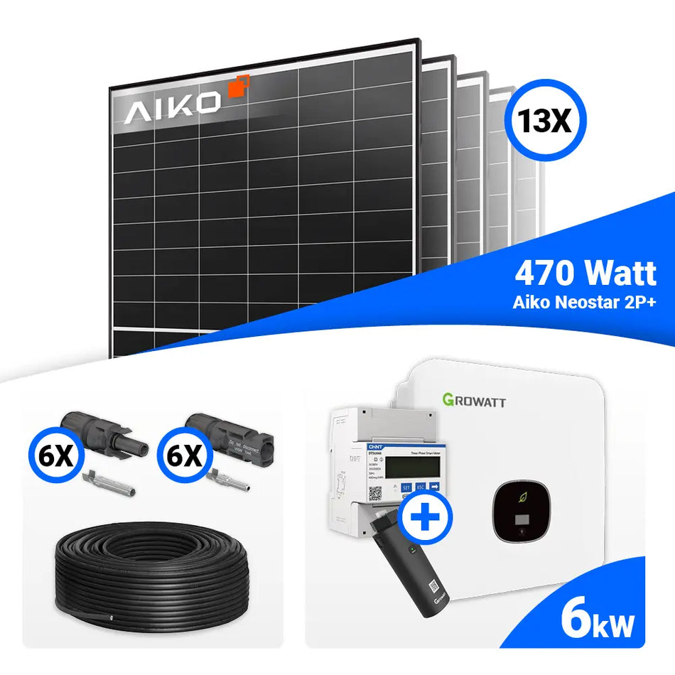 PV Komplettset  6kWp – 13x AIKO 470W Black Frame & Growatt MOD 6000TL3-XH BP mit Speicheroption