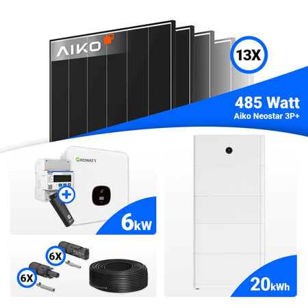 Photovoltaik Komplettsystem 6 kWp mit 13x AIKO 485W Black Frame und Growatt MOD 6000TL3-XH BP mit Speicheranschluss.