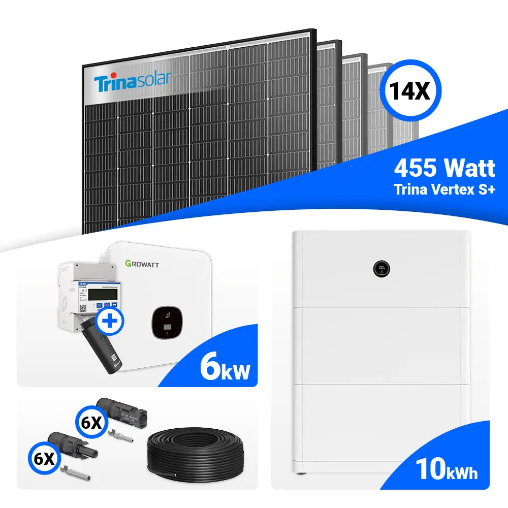 Solaranlagen-Set 6 kWp: 14 Trina 455W Black Frame Module plus Growatt MOD 6000TL3-XH BP, vorbereitet für Batteriespeicher.