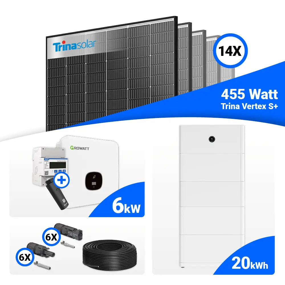 Photovoltaik Komplettpaket 6 kWp – 14x Trina 455W Black Frame, Growatt MOD 6000TL3-XH BP, speicherfähig.