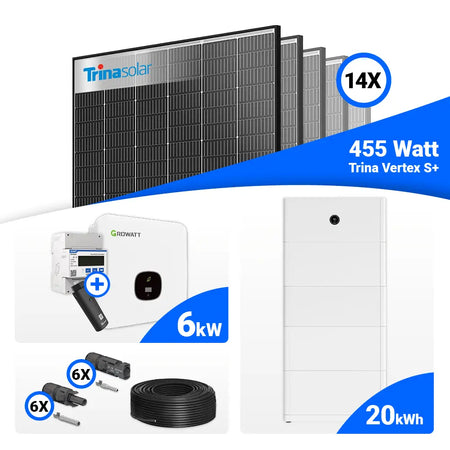 Photovoltaik Komplettpaket 6 kWp – 14x Trina 455W Black Frame, Growatt MOD 6000TL3-XH BP, speicherfähig.