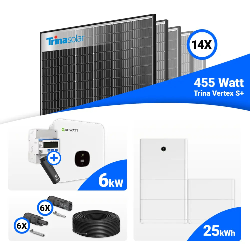 PV Komplettanlage 6 kWp mit 14x Trina 455W Black Frame und Growatt MOD 6000TL3-XH BP, optional mit Speicheranbindung.