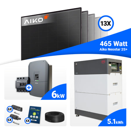 6 kWp Photovoltaik Komplettanlage: 13x AIKO Neostar 465W Full Black plus Kostal Plenticore G3 S Hybridwechselrichter