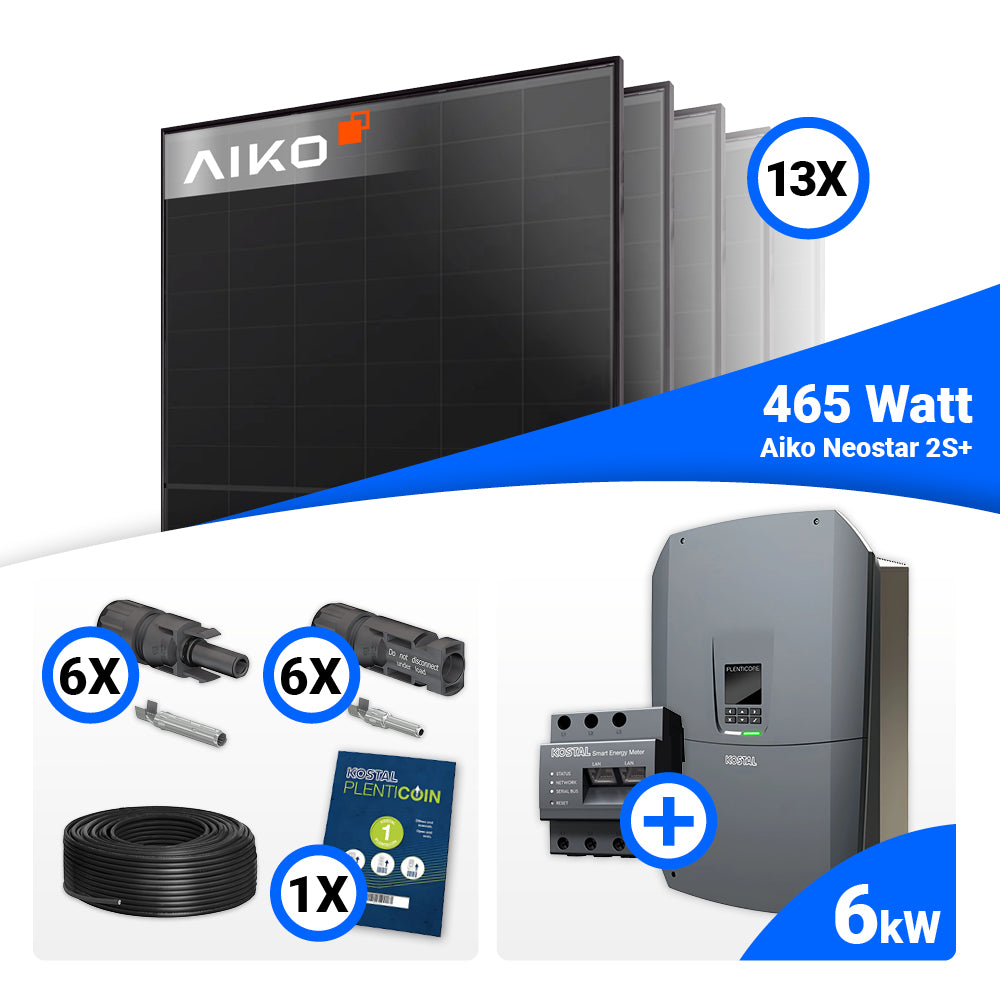 PV Komplettset 6 kWp mit 13 AIKO 465W Full Black Modulen und Kostal Plenticore G3 S, Speicheroption