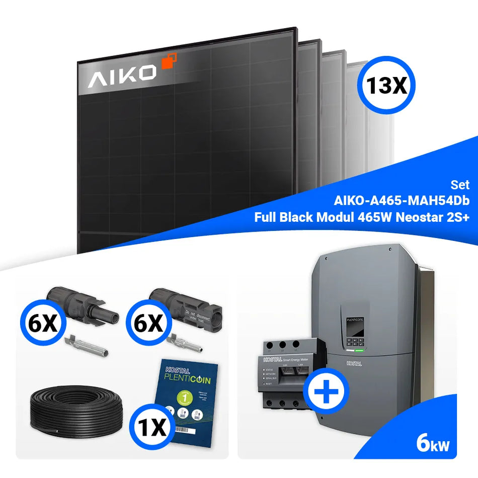 PV Komplettset 6 kWp – 13x AIKO 465W Full Black & Kostal G3 S Plenticore mit Speicheroption