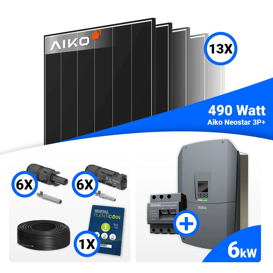PV Komplettset 6 kWp – 13x AIKO 490W Black Frame & Kostal G3 S Plenticore mit Speicheroption