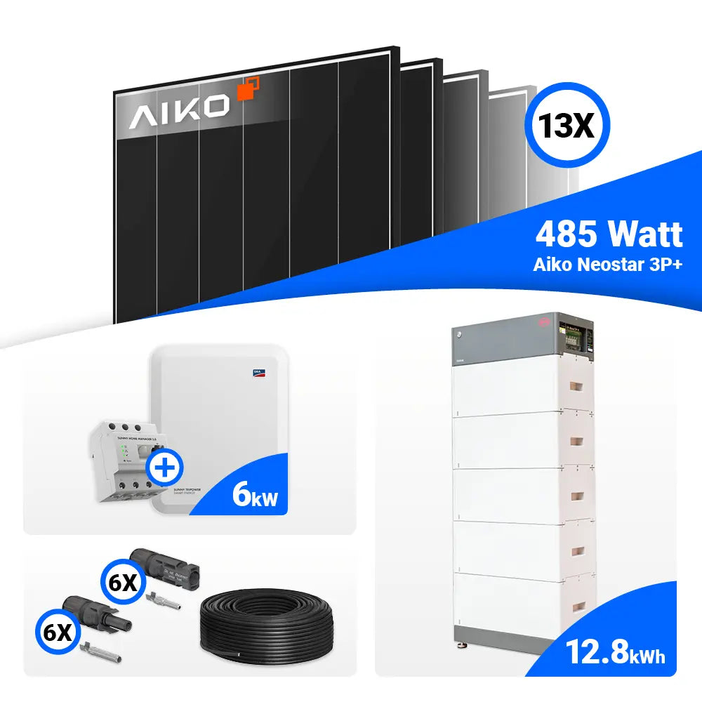 Photovoltaik Komplettsystem 6 kWp mit 13x AIKO 485W Black Frame und SMA STP6.0-3SE-40 mit Speicheranschluss.