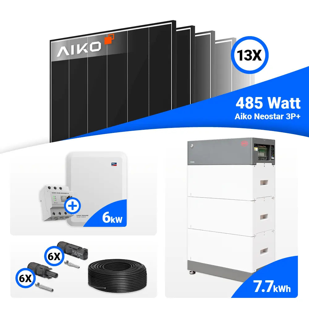 Solaranlage 6 kWp Set inklusive 13 AIKO 485W Black Frame Modulen und SMA STP6.0-3SE-40.