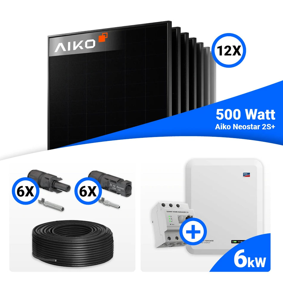 PV Komplettset 6 kWp – 12x AIKO 500W Full Black & SMA STP6.0-3SE-40 mit Speicheroption