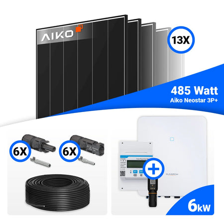 PV Komplettset 6 kWp mit 13x AIKO 485W Black Frame Solarmodulen und Sungrow SH6.0RT-20 V11 Hybrid-Wechselrichter mit Speicheroption.