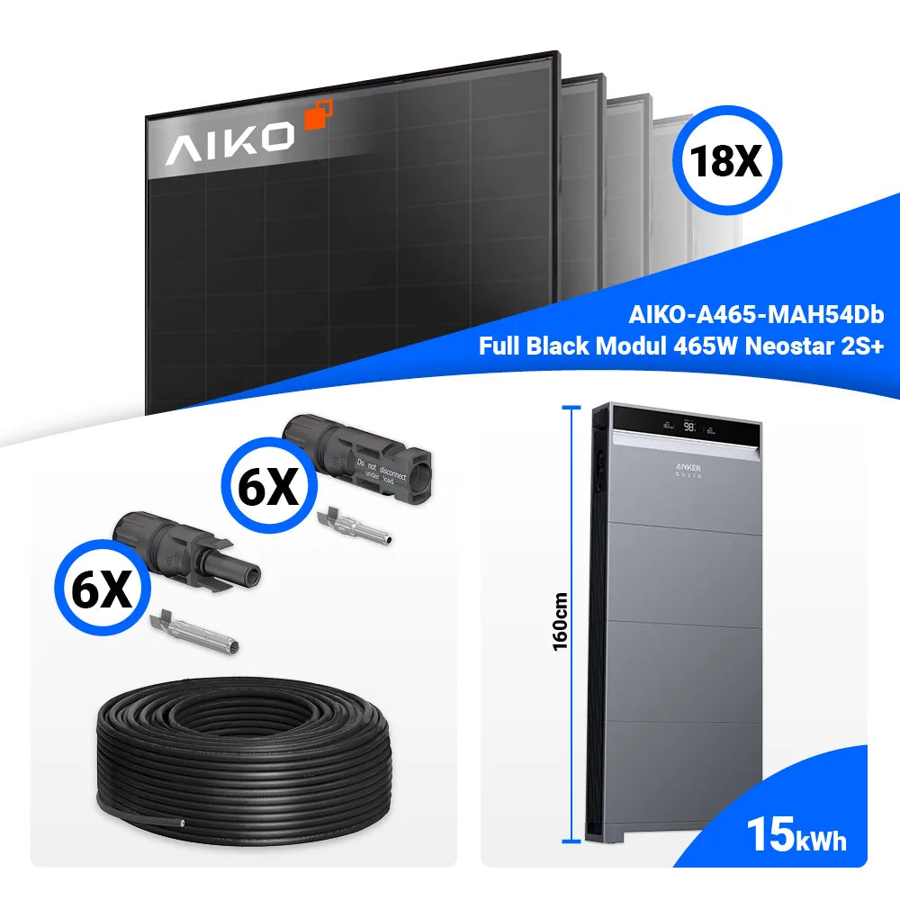 8 kWp Photovoltaik Komplettanlage fürs Einfamilienhaus: 18 AIKO 465W Full Black + Anker X1-H8K-T – Batteriespeicher nachrüstbar